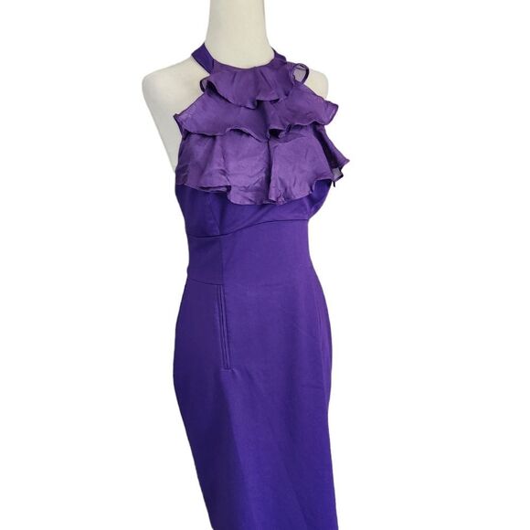 Black halo Purple Ruffle Halter Pencil Dress 6 - Picture 3 of 9
